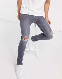 Серые супероблегающие джинсы с рваной отделкой New Look-Синий