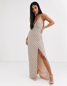 Платье макси с глубоким вырезом и отделкой Missguided-Серебряный