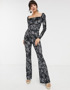 Бархатные расклешенные брюки от комплекта с цветочным принтом Bershka-Мульти