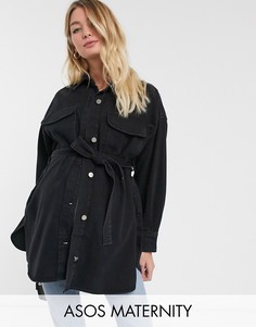 Джинсовая oversize-рубашка с поясом ASOS DESIGN Maternity-Черный