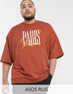 Коричневый свободный свитшот с короткими рукавами и принтом \"Рaris\" ASOS DESIGN Plus