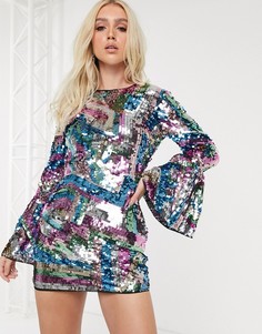 Платье мини с длинными рукавами и отделкой пайетками ASOS DESIGN-Мульти
