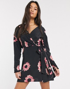 Черное платье мини с цветочным принтом и запахом Topshop-Черный