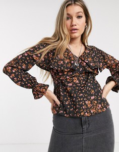 Блузка с оборками и цветочным принтом Topshop-Черный