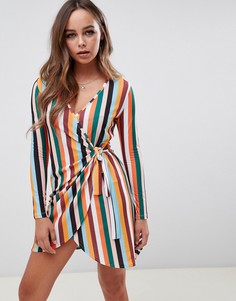 Платье мини из эластичного крепа в разноцветную полоску с запахом ASOS DESIGN-Мульти