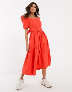 Джинсовое платье миди с поясом и объемными рукавами ASOS DESIGN-Оранжевый