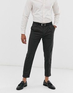 Серые строгие зауженные брюки в тонкую полоску Topman-Черный