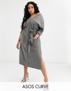 Мягкое платье миди с поясом ASOS DESIGN Curve-Серый