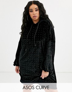 Бархатное платье-худи с отделкой ASOS DESIGN Curve-Черный