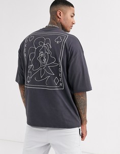 Длинная oversize-футболка из плотного трикотажа с вышивкой на спине и принтом на груди ASOS DESIGN-Серый