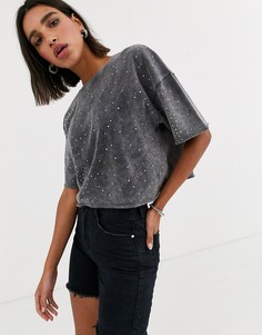 Серая мраморная футболка с заклепками Bershka-Черный