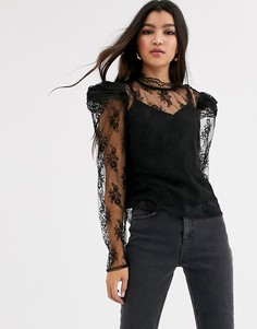 Кружевной топ с длинными рукавами ASOS DESIGN-Черный