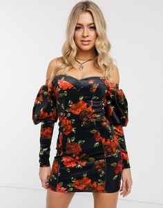 Бархатное платье мини с открытыми плечами и цветочным принтом ASOS DESIGN-Мульти