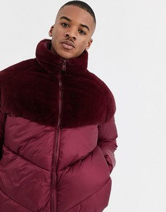 Бордовый пуховик со вставкой из искусственного меха ASOS DESIGN-Красный