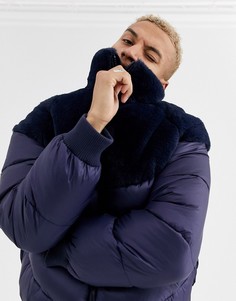 Синий пуховик со вставкой из искусственного меха ASOS DESIGN