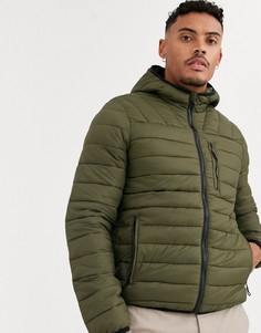 Дутая куртка с капюшоном цвета хаки Bershka-Зеленый