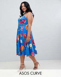 Приталенное плиссированное платье миди с цветочным принтом ASOS DESIGN Curve-Мульти