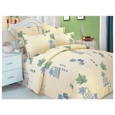 Постельное белье семейное СайлиД A-1, поплин бежевый/голубой