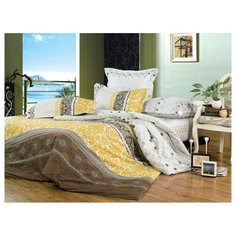 Постельное белье 2-спальное СайлиД B-122, сатин желтый/белый/коричневый