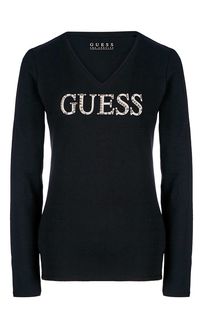 Черная хлопковая футболка с треугольным вырезом Guess