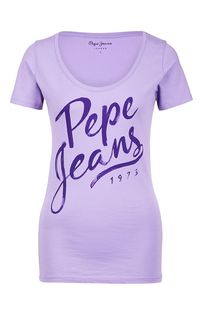 Сиреневая футболка с принтом и глубоким вырезом Pepe Jeans