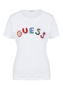 Хлопковая футболка с декором из бисера и пайеток Guess