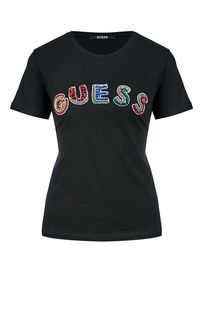 Хлопковая футболка с декором из бисера и пайеток Guess