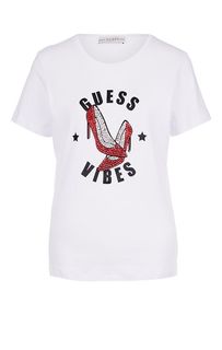 Белая футболка с отделкой камнями Guess