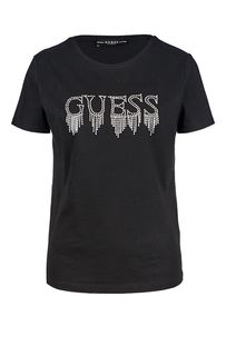 Черная хлопковая футболка с отделкой камнями Guess