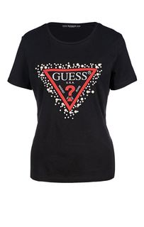 Черная хлопковая футболка с отделкой камнями Guess