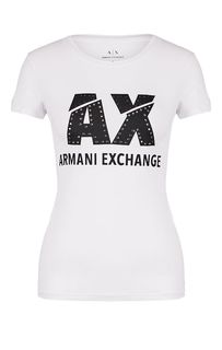 Белая хлопковая футболка с отделкой стразами Armani Exchange
