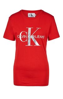 Красная хлопковая футболка с принтом Calvin Klein Jeans