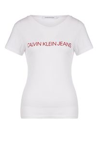 Белая хлопковая футболка с логотипом бренда Calvin Klein Jeans
