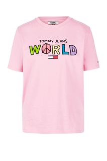 Розовая хлопковая футболка с принтом Tommy Jeans