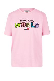 Розовая хлопковая футболка с принтом Tommy Jeans