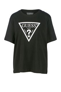 Черная хлопковая футболка с контрастным принтом Guess