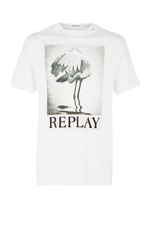 Белая хлопковая футболка с принтом Replay