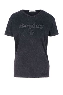 Серая футболка из хлопка с логотипом бренда Replay