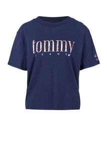 Синяя хлопковая футболка с цветочной вышивкой Tommy Jeans