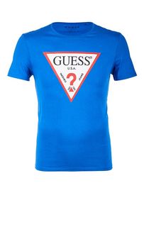 Синяя хлопковая футболка с круглым вырезом Guess