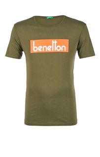 Хлопковая футболка цвета хаки с принтом United Colors of Benetton
