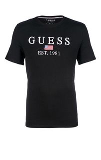 Черная хлопковая футболка с декоративной вышивкой Guess