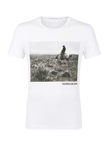 Белая хлопковая футболка с вышивкой и принтом Calvin Klein Jeans