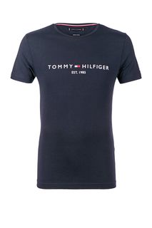 Синяя хлопковая футболка с вышивкой Tommy Hilfiger