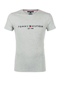 Серая хлопковая футболка с вышивкой Tommy Hilfiger