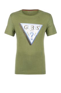 Хлопковая футболка цвета хаки с принтом Guess