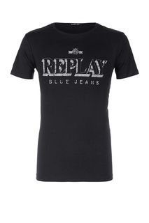 Черная хлопковая футболка с логотипом бренда Replay