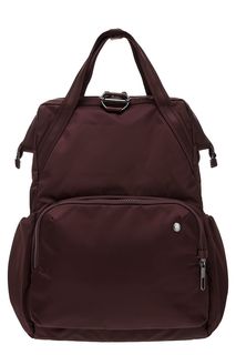 Вместительный текстильный рюкзак бордового цвета Pacsafe