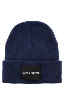Синяя полушерстяная шапка с нашивкой Calvin Klein Jeans