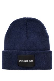 Синяя полушерстяная шапка с нашивкой Calvin Klein Jeans